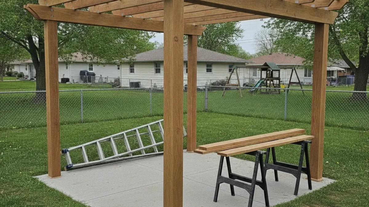 Cedar pergola installation in progress with straight posts and open beams Manhattan Kansas backyard