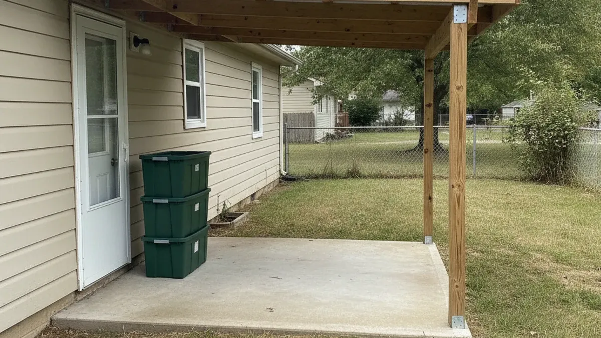 Simple attached patio cover on modest Junction City Fort Riley area Kansas backyard